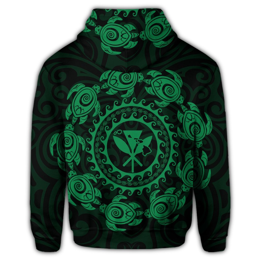 Hawaiian Map Kanaka Turtles Circle Style Green Polynesian Zip Hoodie - Polynesian Pride