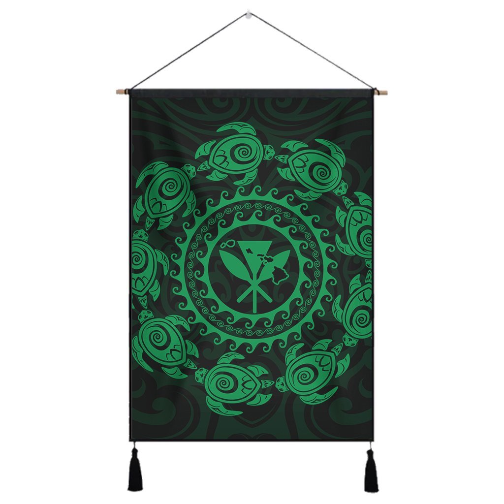 Hawaiian Map Kanaka Turtles Circle Style Green Polynesian Hanging Poster - AH Hanging Poster Cotton And Linen - Polynesian Pride