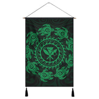 Hawaiian Map Kanaka Turtles Circle Style Green Polynesian Hanging Poster - AH Hanging Poster Cotton And Linen - Polynesian Pride