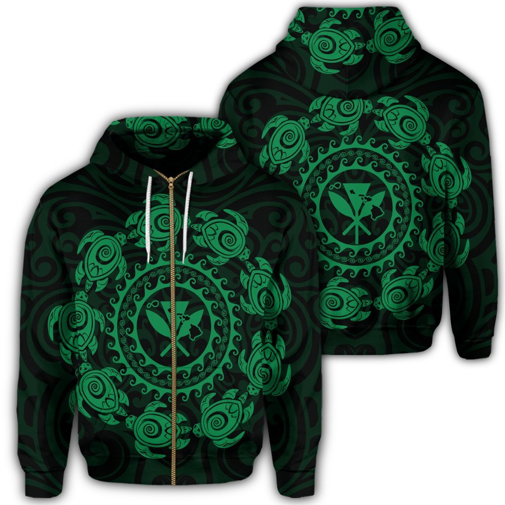 Hawaiian Map Kanaka Turtles Circle Style Green Polynesian Zip Hoodie Unisex Art - Polynesian Pride