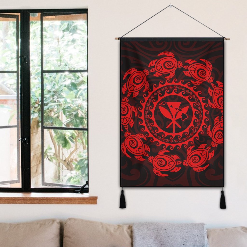 Hawaiian Map Kanaka Turtles Circle Style Red Polynesian Hanging Poster - AH - Polynesian Pride