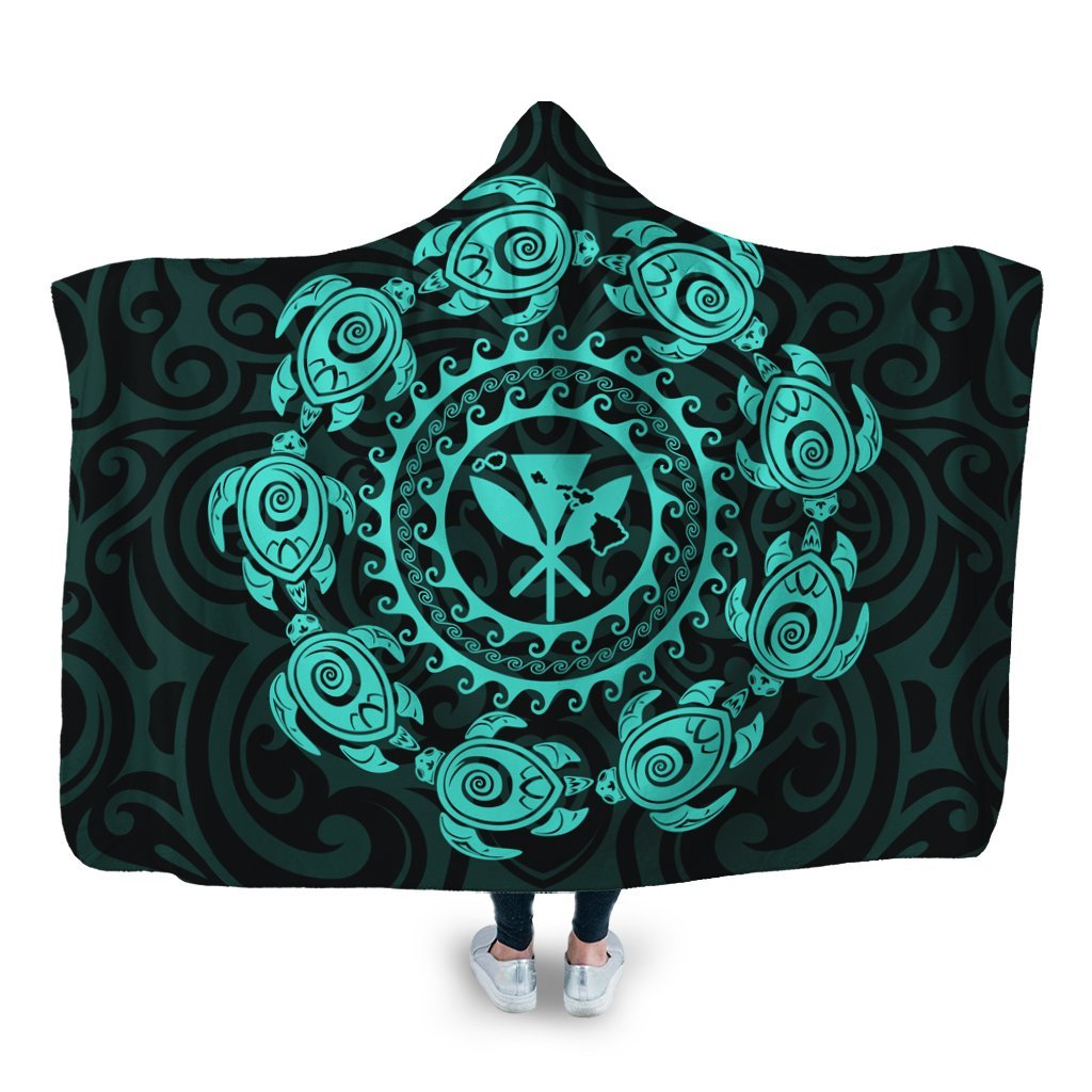 Hawaiian Map Kanaka Turtles Circle Style Turquoise Polynesian Hooded Blanket - AH Hooded Blanket White - Polynesian Pride