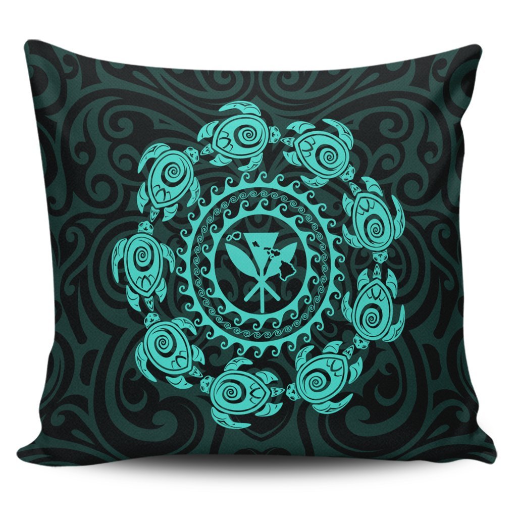 Hawaiian Map Kanaka Turtles Circle Style Turquoise Polynesian Pillow Covers - AH Pillow Covers Black - Polynesian Pride