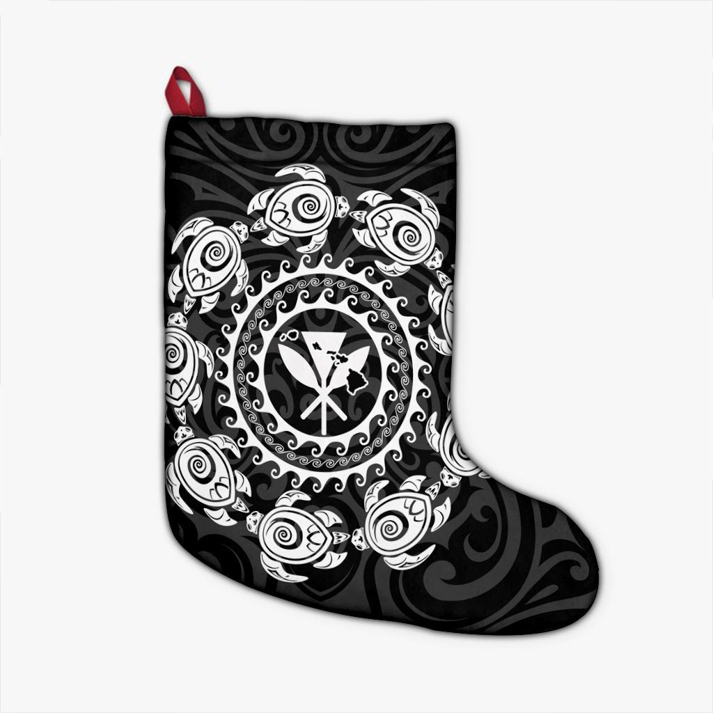 Hawaiian Map Kanaka Turtles Circle Style White Polynesian Christmas Stocking - AH Christmas Stocking 26 X 42 cm Black - Polynesian Pride