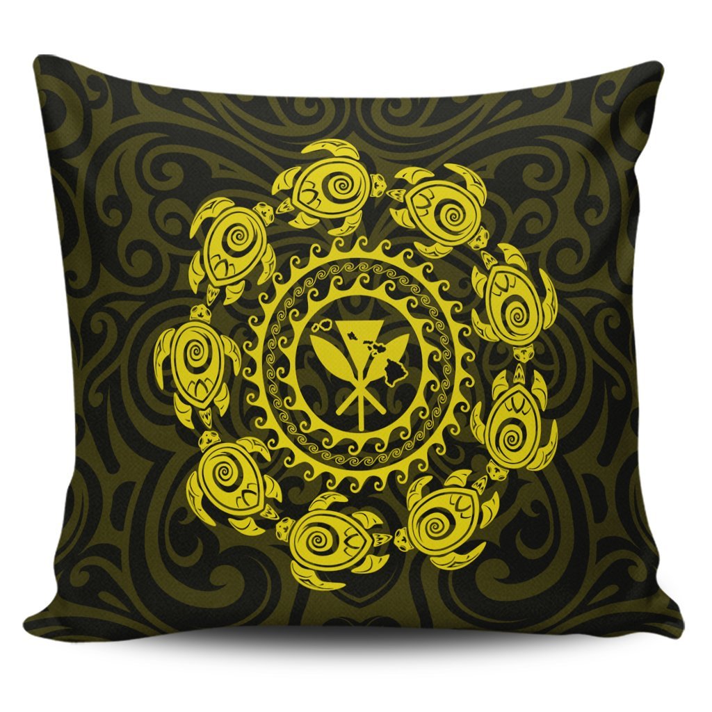 Hawaiian Map Kanaka Turtles Circle Style Yellow Polynesian Pillow Covers - AH Pillow Covers Black - Polynesian Pride