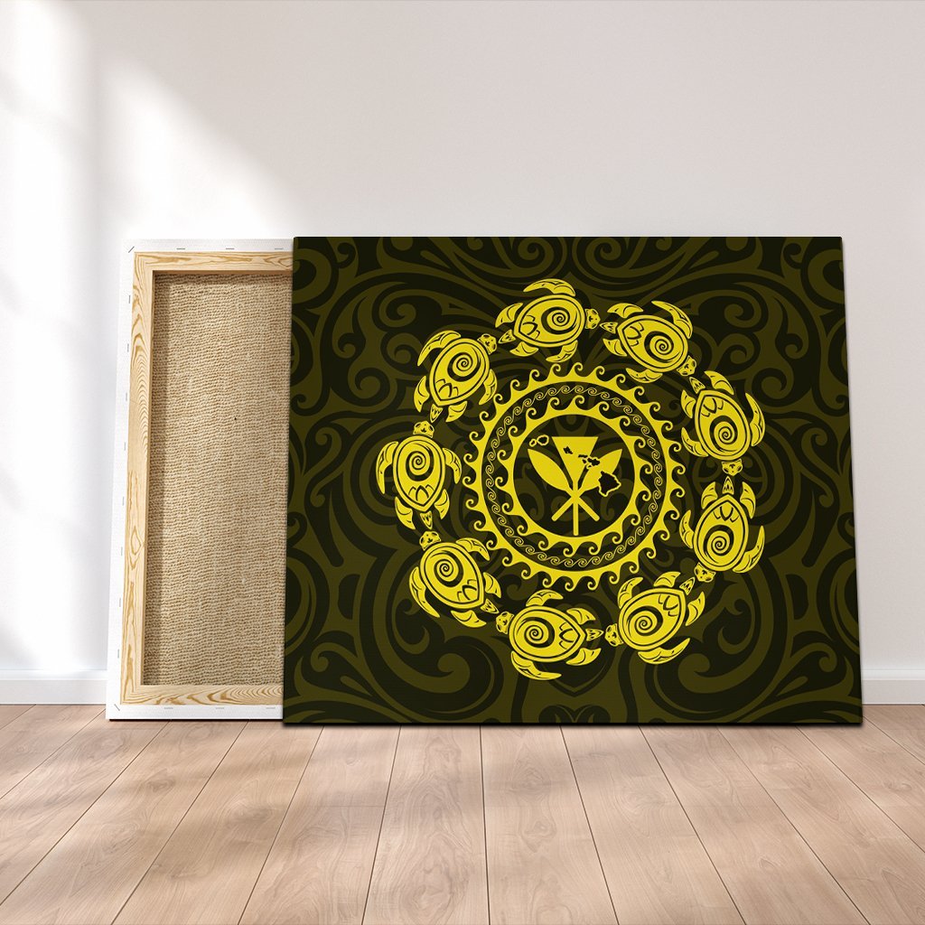 Hawaiian Map Kanaka Turtles Circle Style Yellow Polynesian Canvas - AH Canvas Poly-cotton - Polynesian Pride