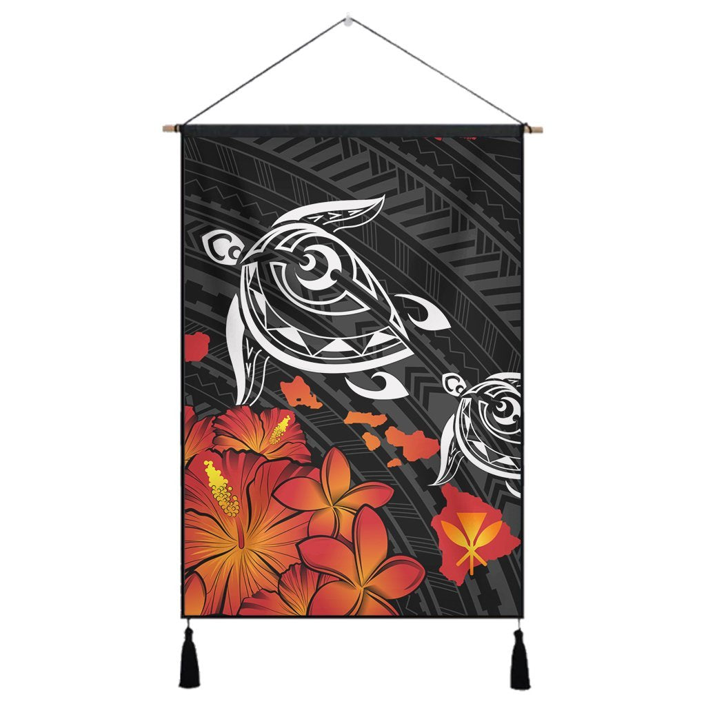Hawaiian Map Kanaka Turtles Hibiscus Plumeria Hanging Poster - AH Hanging Poster Cotton And Linen - Polynesian Pride