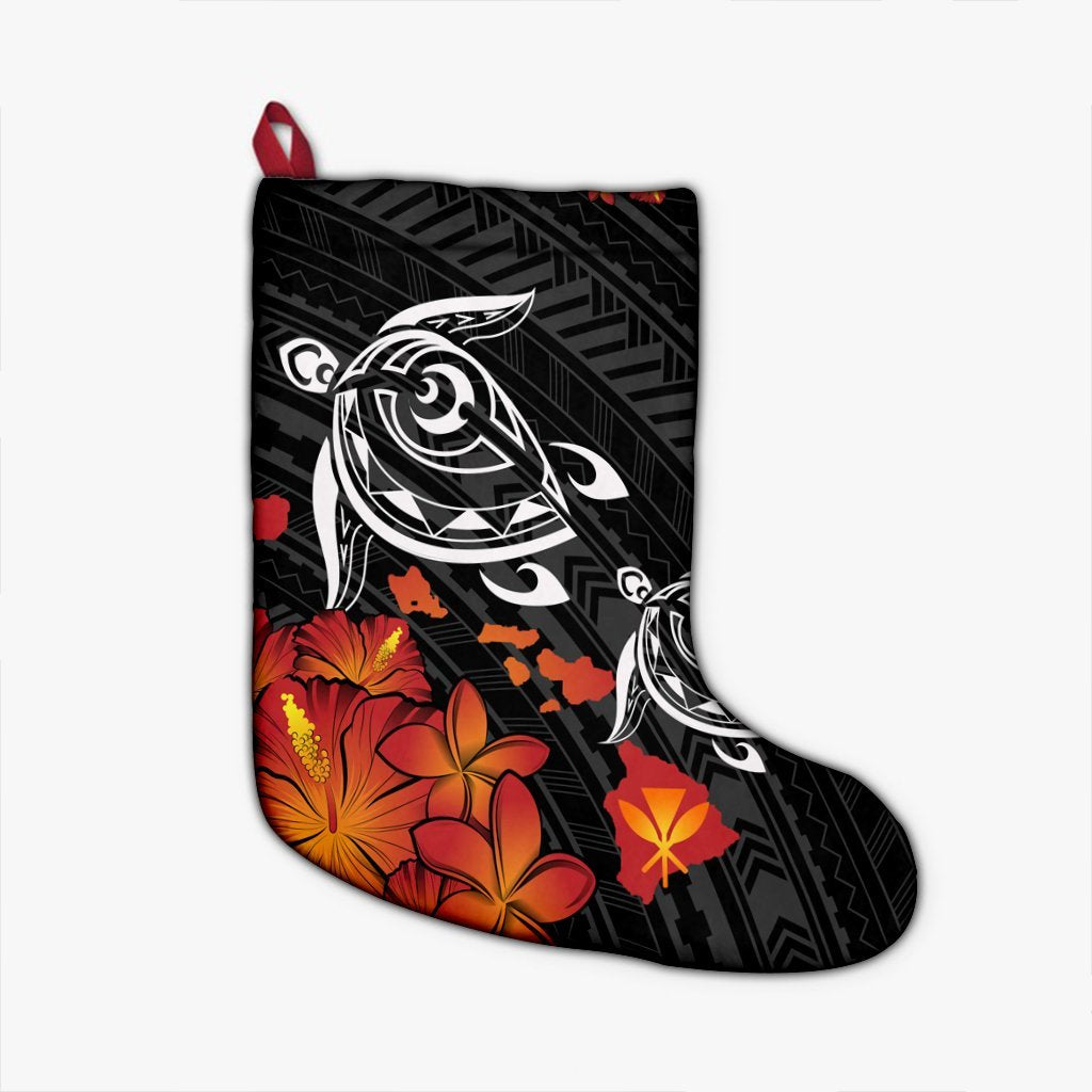 Hawaiian Map Kanaka Turtles Hibiscus Plumeria Christmas Stocking - AH Christmas Stocking 26 X 42 cm Black - Polynesian Pride