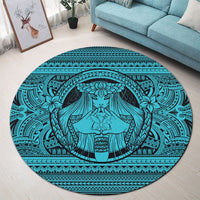 Hawaiian Map Madame Pele Kanaka Plumeria Polynesian Round Carpet Blue AH - Polynesian Pride
