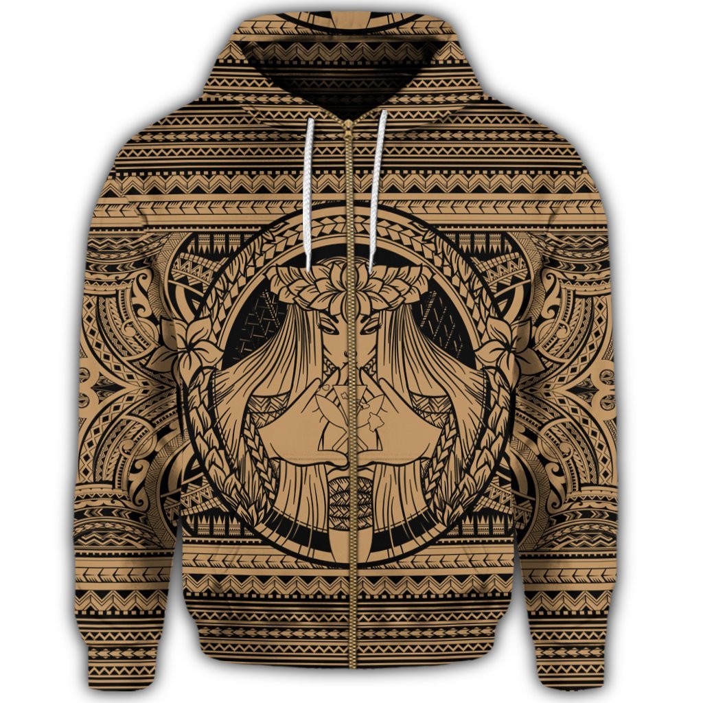 Hawaiian Map Madame Pele Kanaka Plumeria Polynesian Zip Hoodie Gold - Polynesian Pride