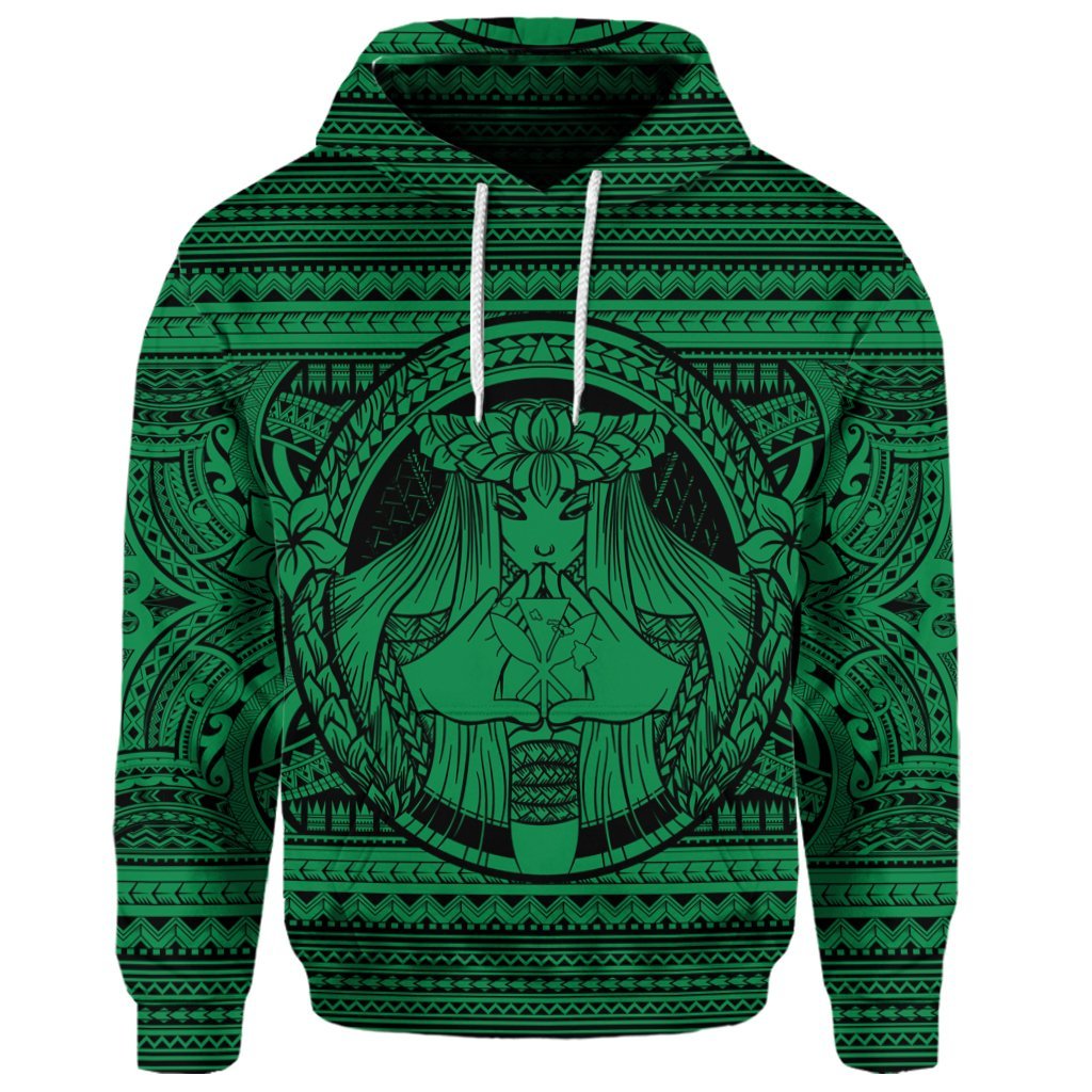 Custom Hawaiian Map Madame Pele Kanaka Plumeria Polynesian Hoodie Green - Polynesian Pride