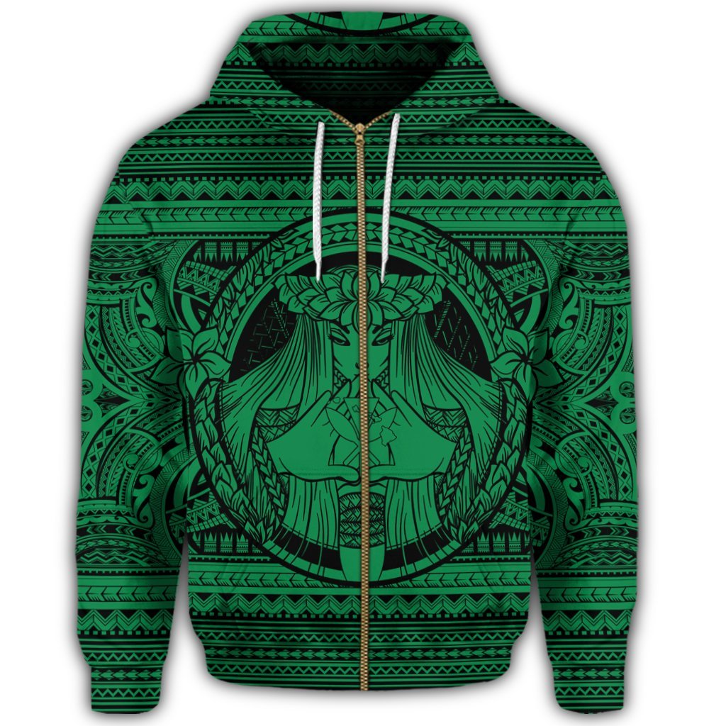 Hawaiian Map Madame Pele Kanaka Plumeria Polynesian Zip Hoodie Green - Polynesian Pride