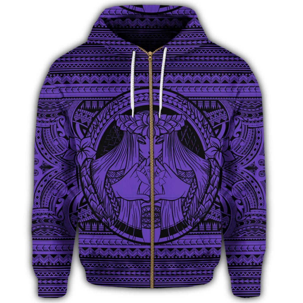Hawaiian Map Madame Pele Kanaka Plumeria Polynesian Zip Hoodie Purple - Polynesian Pride