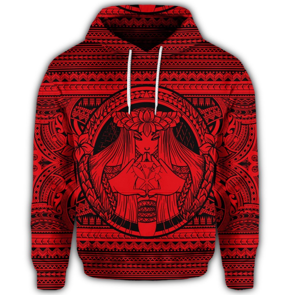 Hawaiian Map Madame Pele Kanaka Plumeria Polynesian Hoodie Red - Polynesian Pride