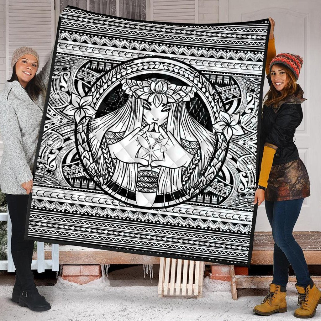 Hawaiian Map Madame Pele Kanaka Plumeria Polynesian Premium Quilts White AH - Polynesian Pride