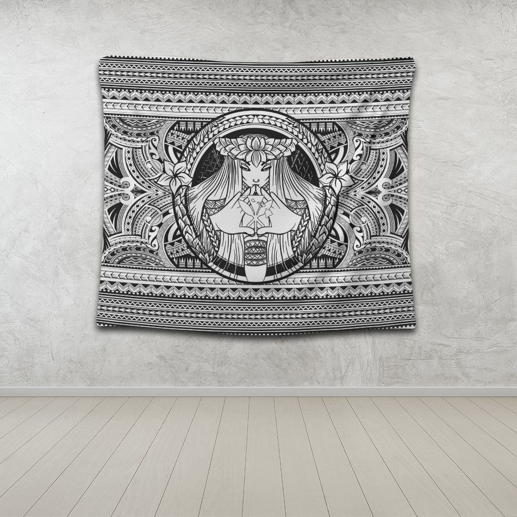 Hawaiian Map Madame Pele Kanaka Plumeria Polynesian Tapestry White AH - Polynesian Pride