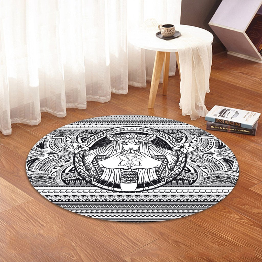 Hawaiian Map Madame Pele Kanaka Plumeria Polynesian Round Carpet White AH - Polynesian Pride