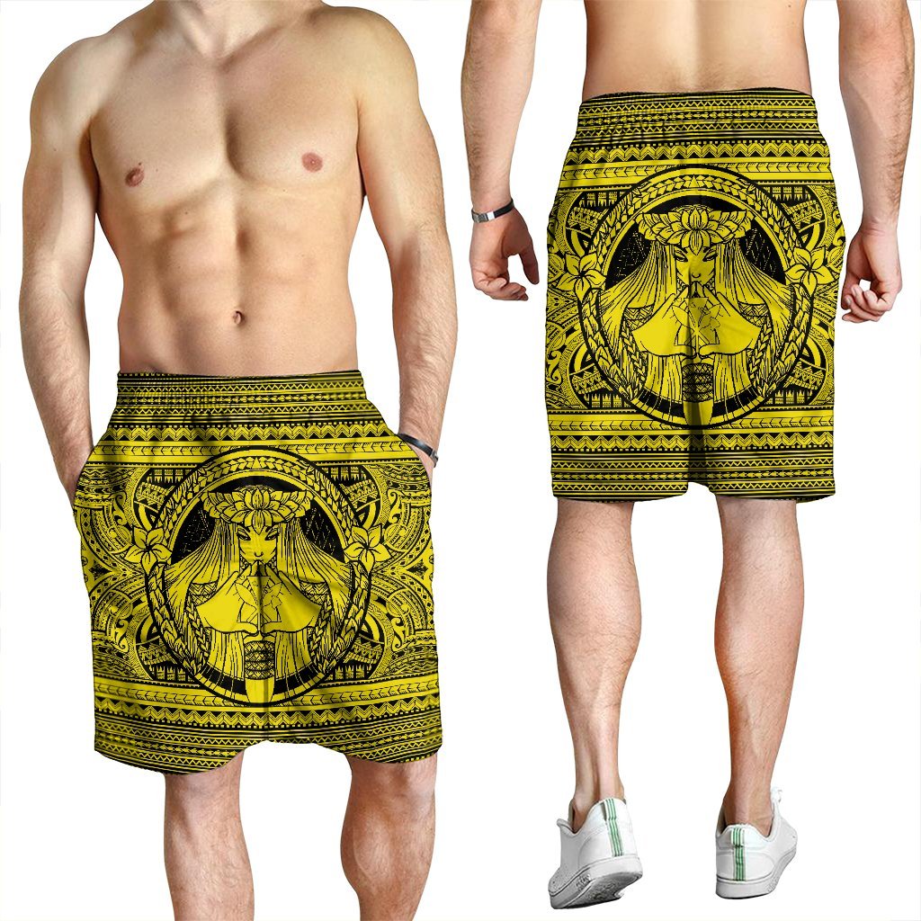 Hawaiian Map Madame Pele Kanaka Plumeria Polynesian Men's Shorts Yellow AH - Polynesian Pride