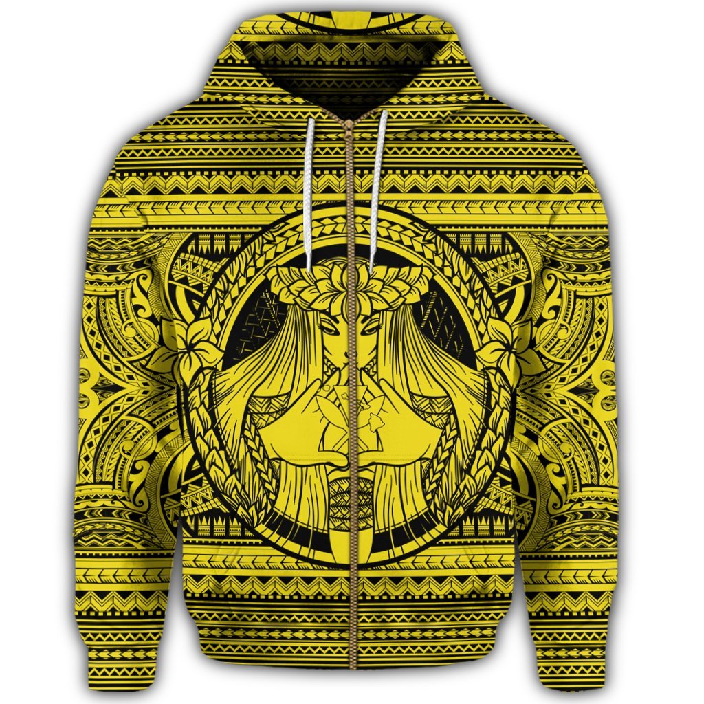 Hawaiian Map Madame Pele Kanaka Plumeria Polynesian Zip Hoodie Yellow - Polynesian Pride