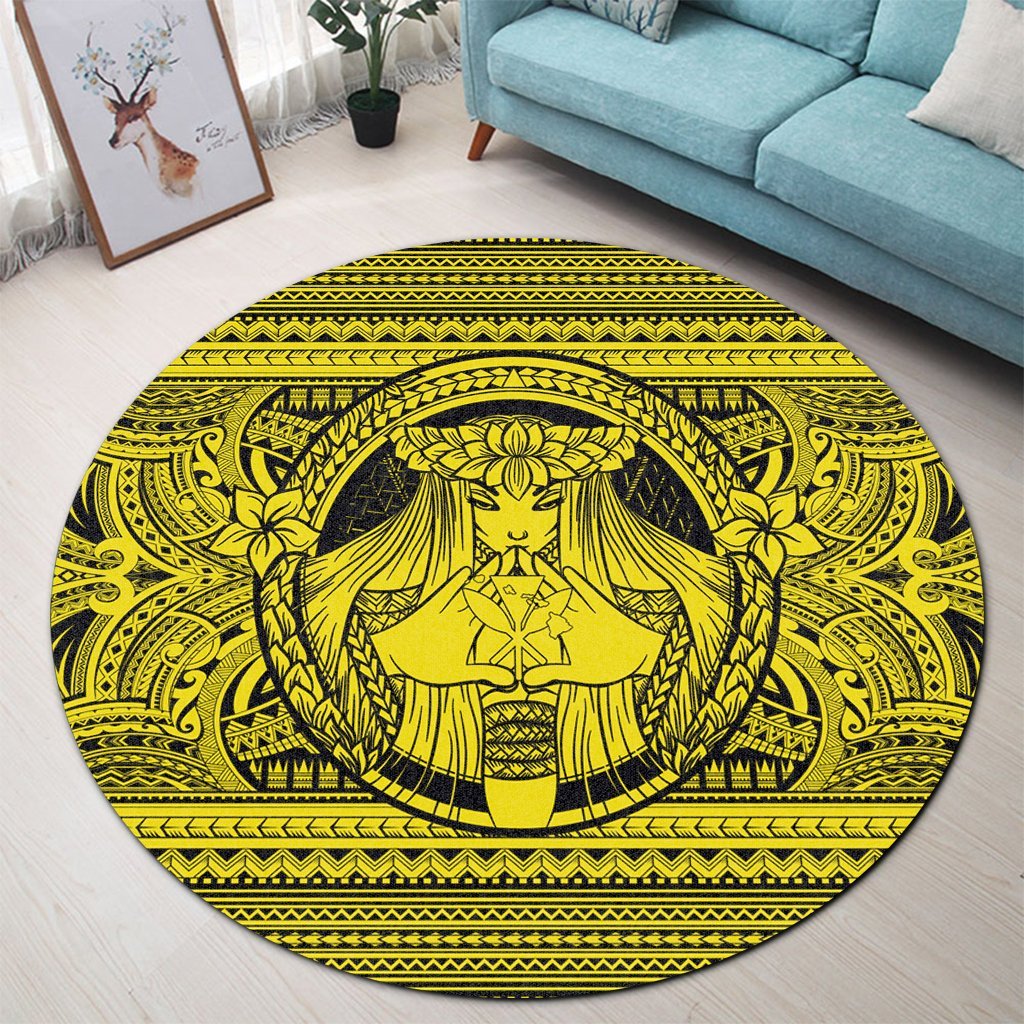Hawaiian Map Madame Pele Kanaka Plumeria Polynesian Round Carpet Yellow AH - Polynesian Pride