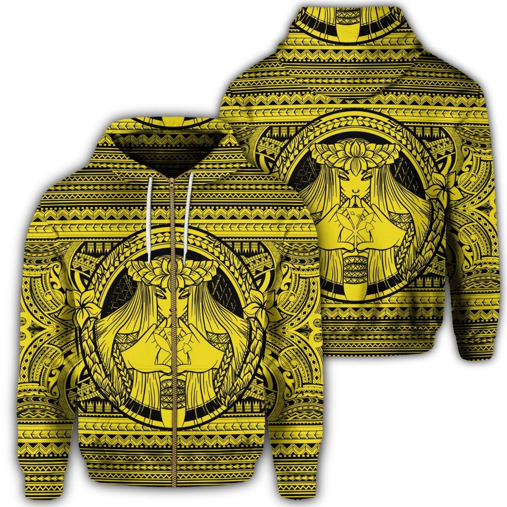 Hawaiian Map Madame Pele Kanaka Plumeria Polynesian Zip Hoodie Yellow Unisex Art - Polynesian Pride