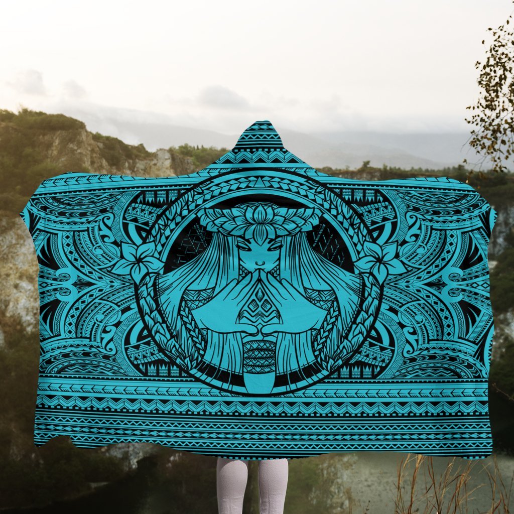 Hawaiian Map Madame Pele Mauna Kea Plumeria Polynesian Hooded Blanket Blue AH - Polynesian Pride