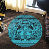Hawaiian Map Madame Pele Mauna Kea Plumeria Polynesian Round Carpet Blue AH - Polynesian Pride