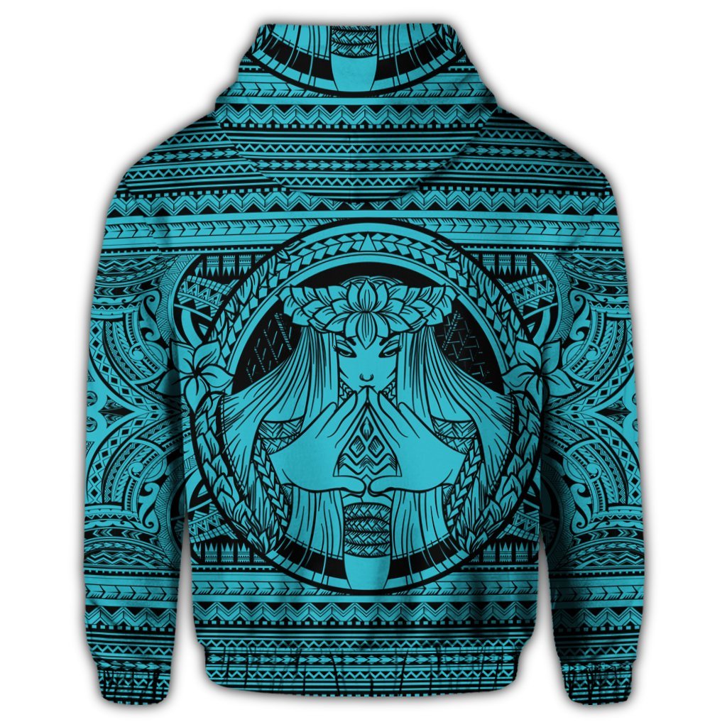Hawaiian Map Madame Pele Mauna Kea Plumeria Polynesian Hoodie Blue - Polynesian Pride