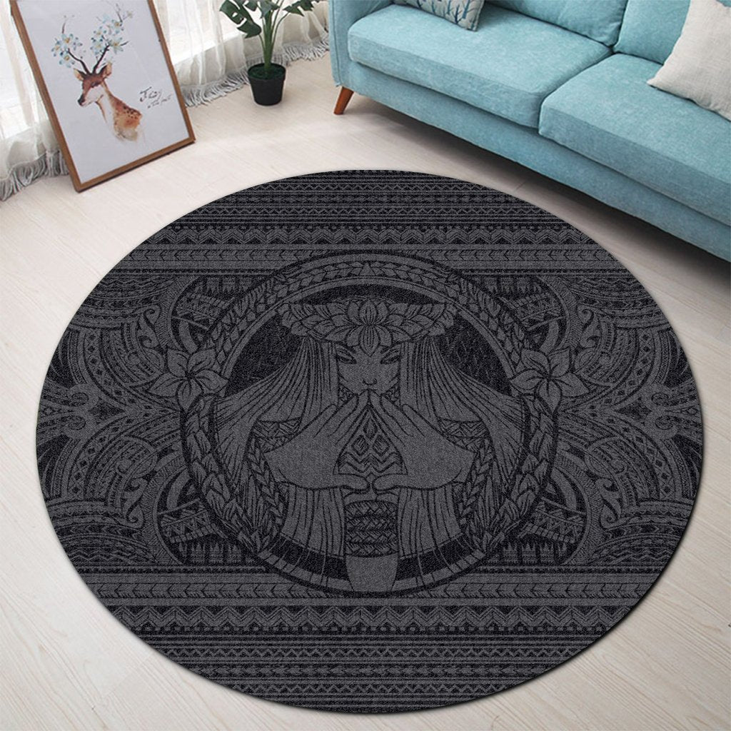 Hawaiian Map Madame Pele Mauna Kea Plumeria Polynesian Round Carpet Gray AH - Polynesian Pride