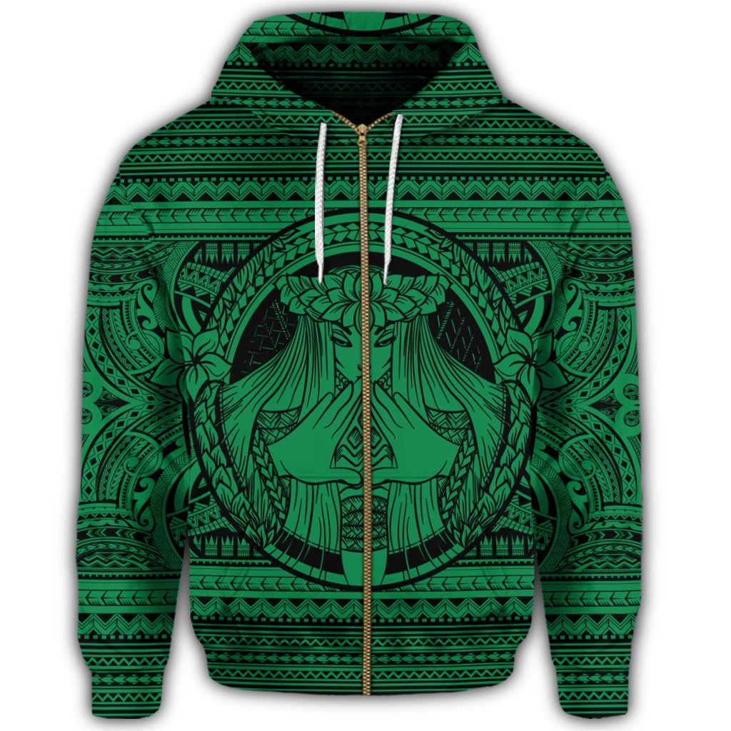 Hawaiian Map Madame Pele Mauna Kea Plumeria Polynesian Zip Hoodie Green - Polynesian Pride