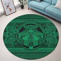 Hawaiian Map Madame Pele Mauna Kea Plumeria Polynesian Round Carpet Green AH - Polynesian Pride