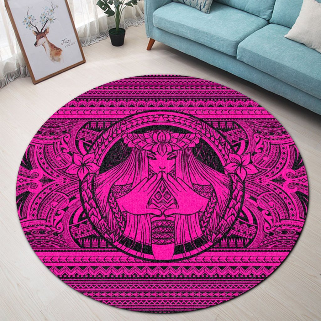 Hawaiian Map Madame Pele Mauna Kea Plumeria Polynesian Round Carpet Pink AH - Polynesian Pride