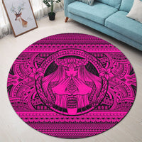 Hawaiian Map Madame Pele Mauna Kea Plumeria Polynesian Round Carpet Pink AH - Polynesian Pride