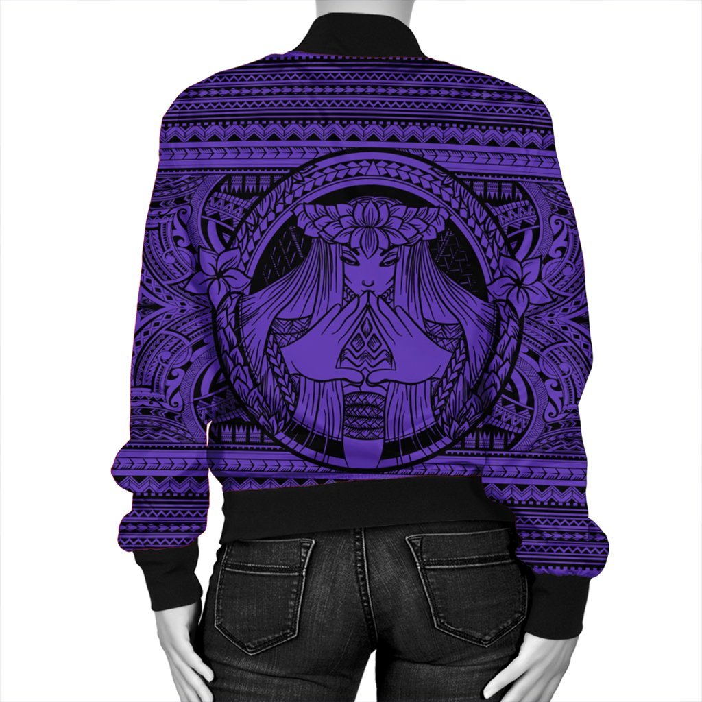 Hawaiian Map Madame Pele Mauna Kea Plumeria Polynesian Bomber Jacket Purple AH - Polynesian Pride