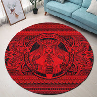 Hawaiian Map Madame Pele Mauna Kea Plumeria Polynesian Round Carpet Red AH - Polynesian Pride