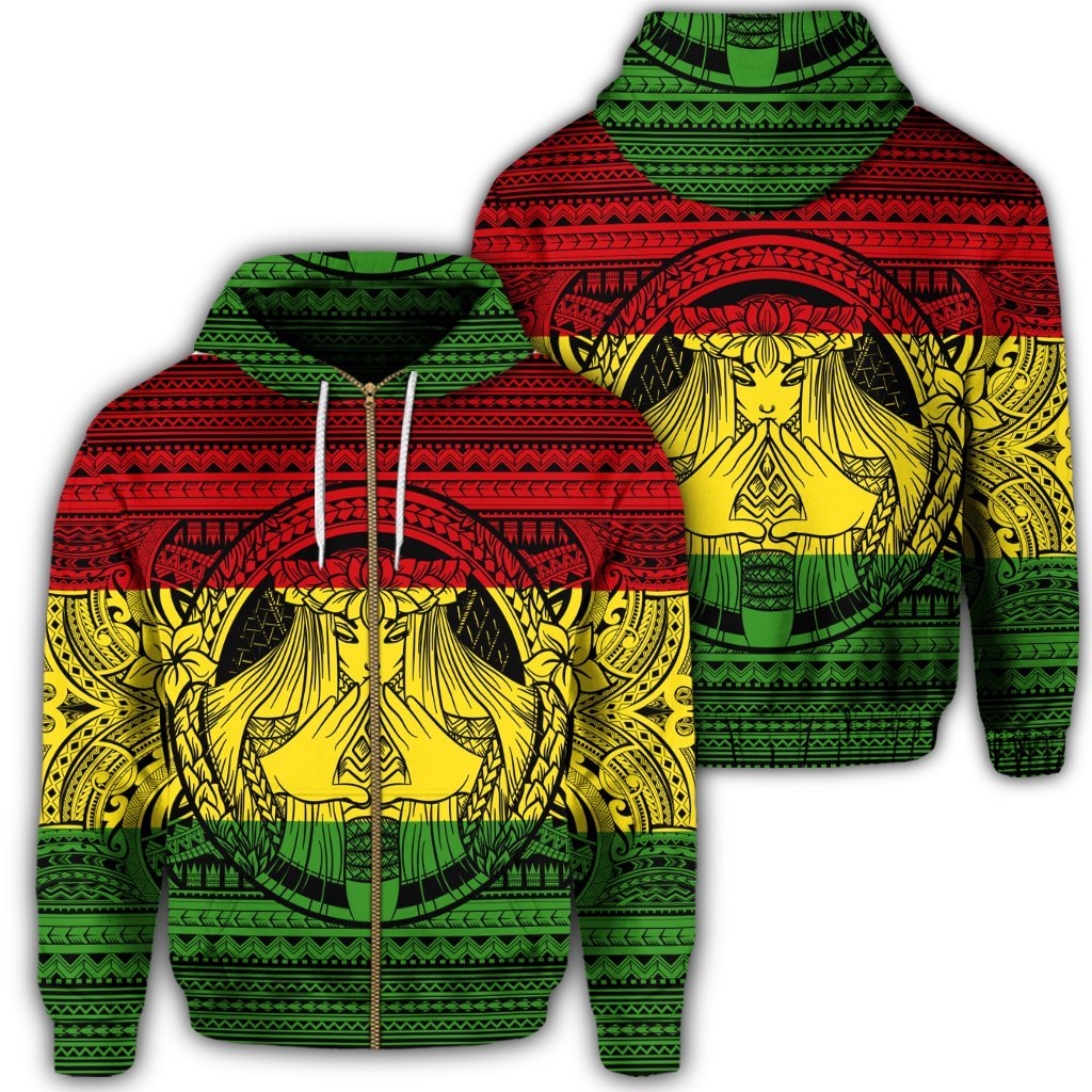 Hawaiian Map Madame Pele Mauna Kea Plumeria Polynesian Zip Hoodie Reggae Unisex Art - Polynesian Pride