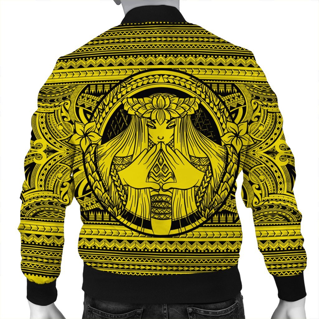 Hawaiian Map Madame Pele Mauna Kea Plumeria Polynesian Bomber Jacket Yellow AH - Polynesian Pride