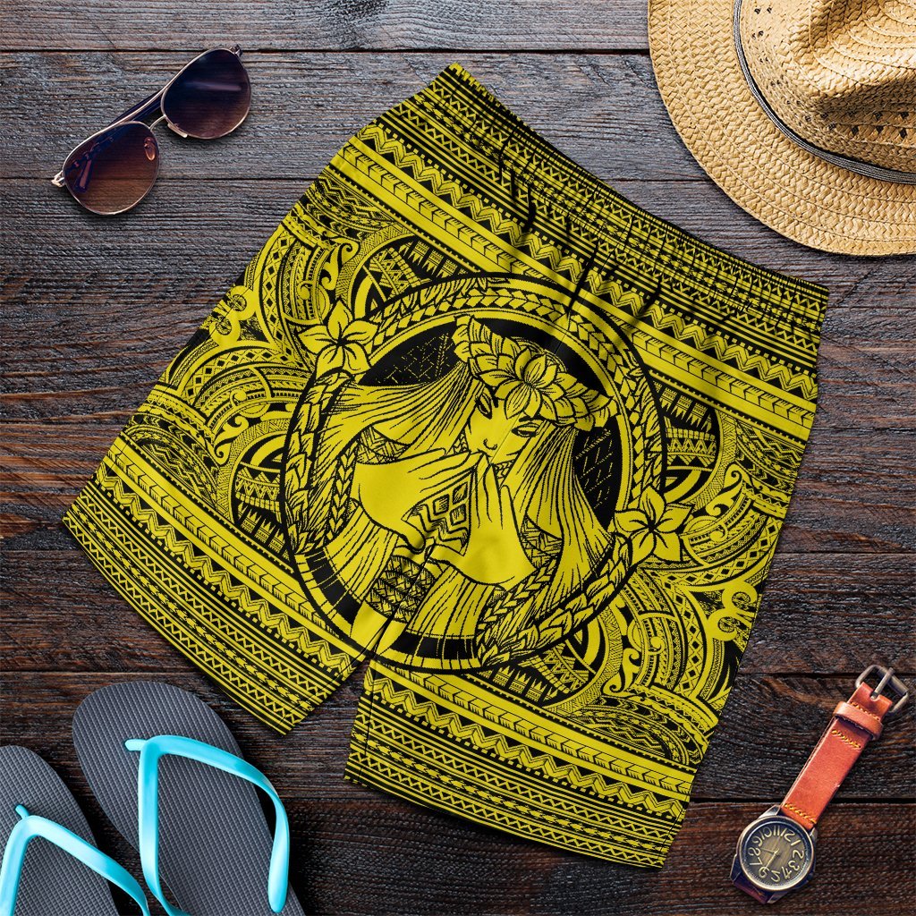 Hawaiian Map Madame Pele Mauna Kea Plumeria Polynesian Men's Shorts Yellow AH Art - Polynesian Pride