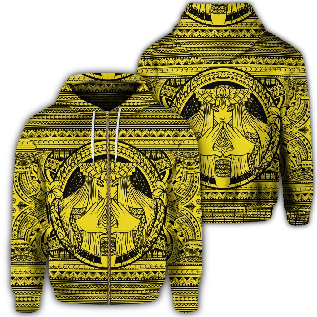 Hawaiian Map Madame Pele Mauna Kea Plumeria Polynesian Zip Hoodie Yellow Unisex Art - Polynesian Pride