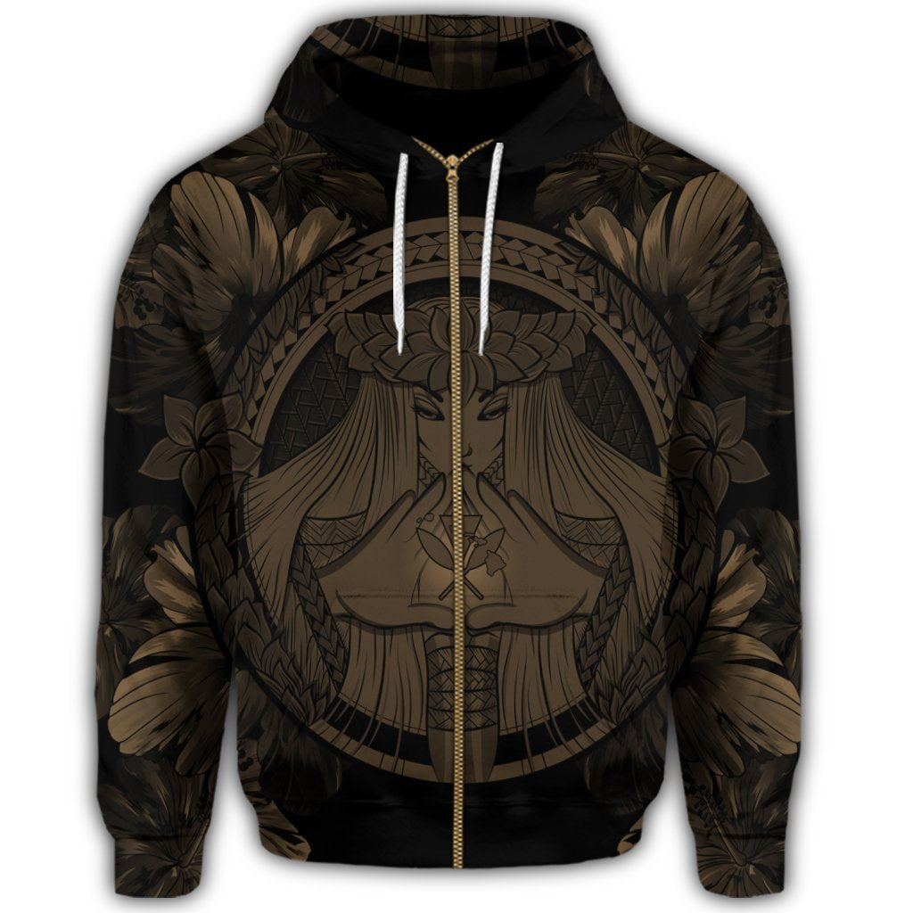 Hawaiian Map Madame Pele Polynesian Zip Hoodie Gold - Polynesian Pride