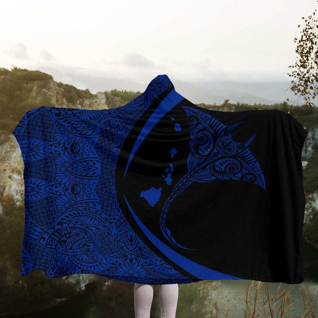 Hawaiian Map Manta Ray Blue Polynesian Hooded Blanket - AH - Polynesian Pride