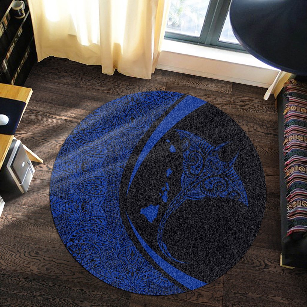 Hawaiian Map Manta Ray Blue Polynesian Round Carpet - AH - Polynesian Pride