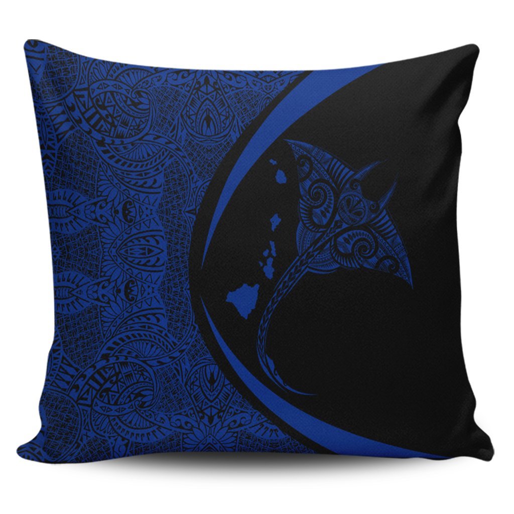 Hawaiian Map Manta Ray Blue Polynesian Pillow Covers - AH Pillow Covers Black - Polynesian Pride