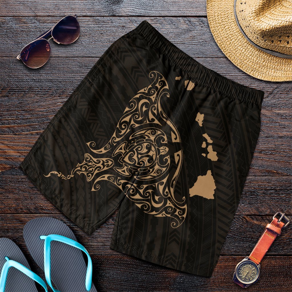 Hawaiian Map Manta Ray Gold Polynesian Men's Shorts - AH Art - Polynesian Pride