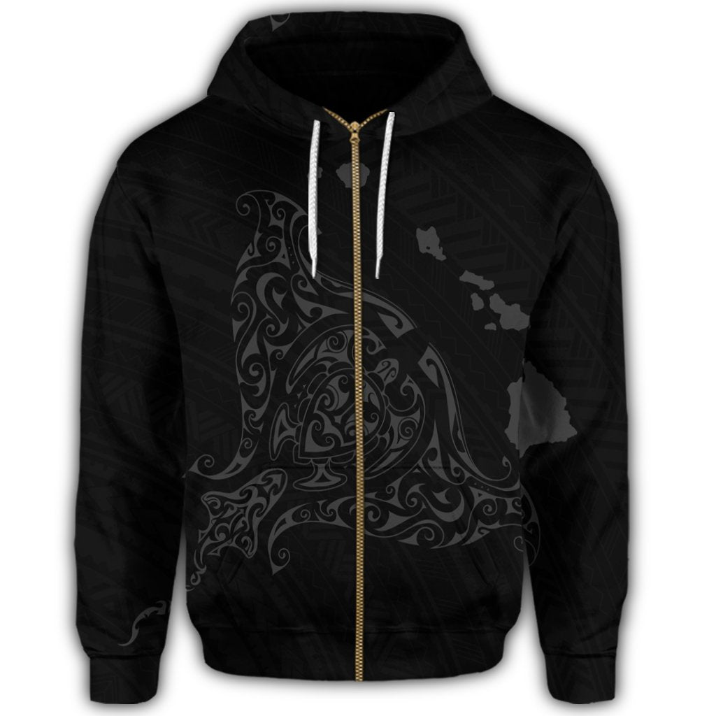 Hawaiian Map Manta Ray Gray Polynesian Zip Hoodie - Polynesian Pride