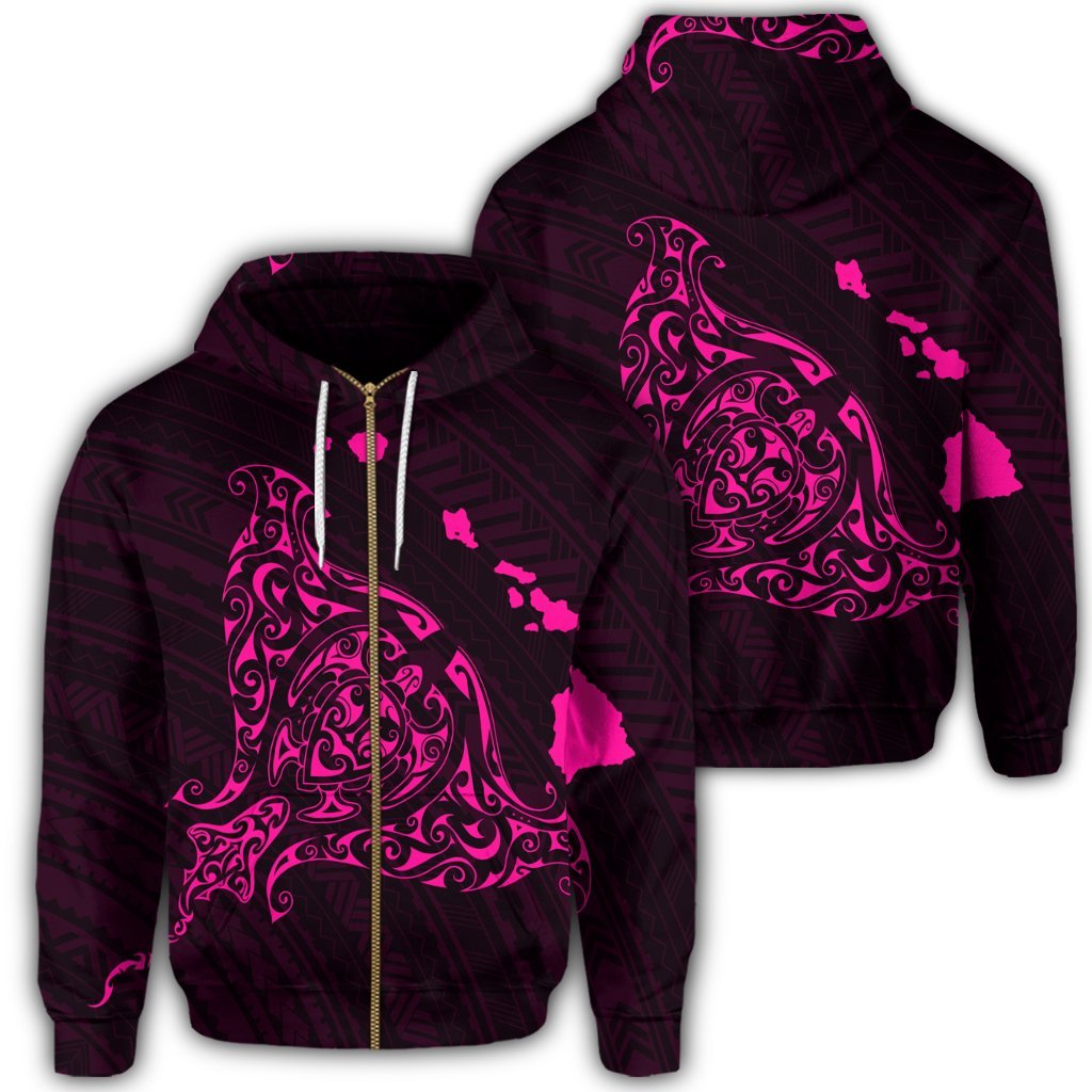 Hawaiian Map Manta Ray Pink Polynesian Zip Hoodie Unisex Art - Polynesian Pride
