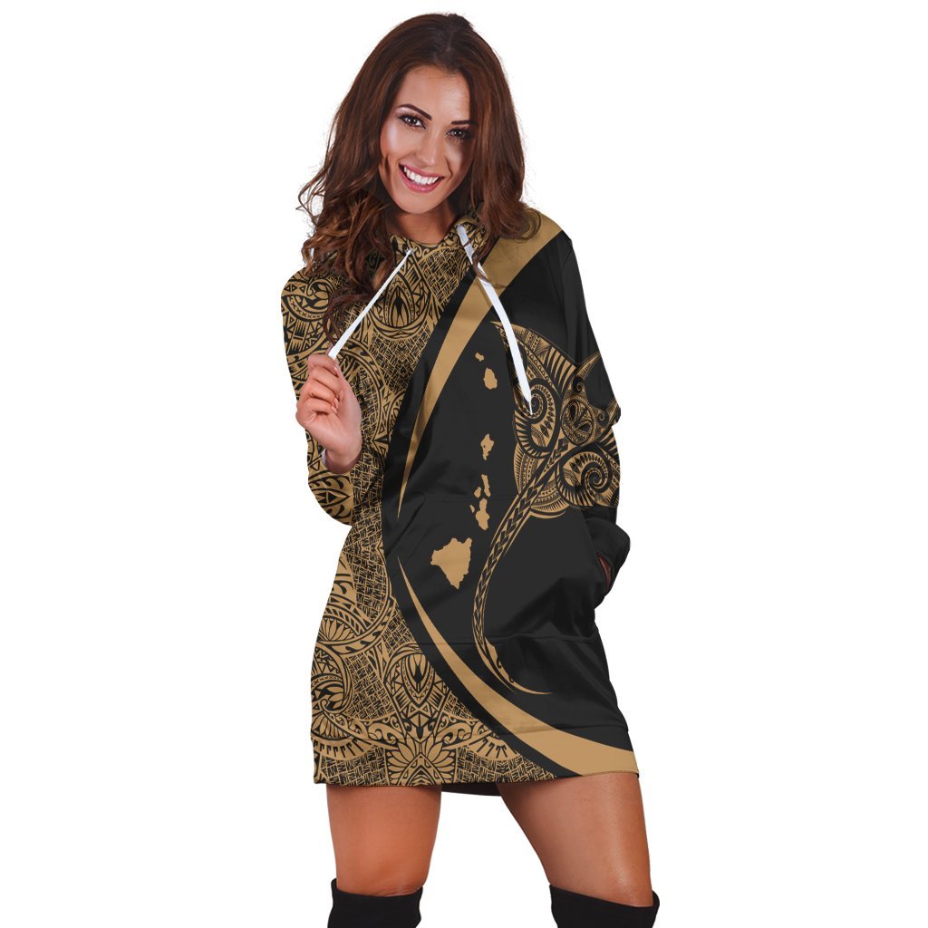 Hawaiian Map Manta Ray Polynesian Hoodie Dress - Gold - AH - Polynesian Pride