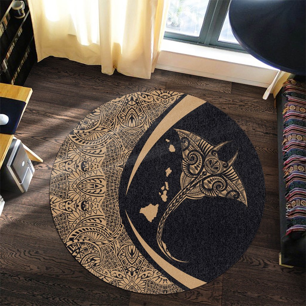 Hawaiian Map Manta Ray Polynesian Round Carpet - Gold - AH - Polynesian Pride
