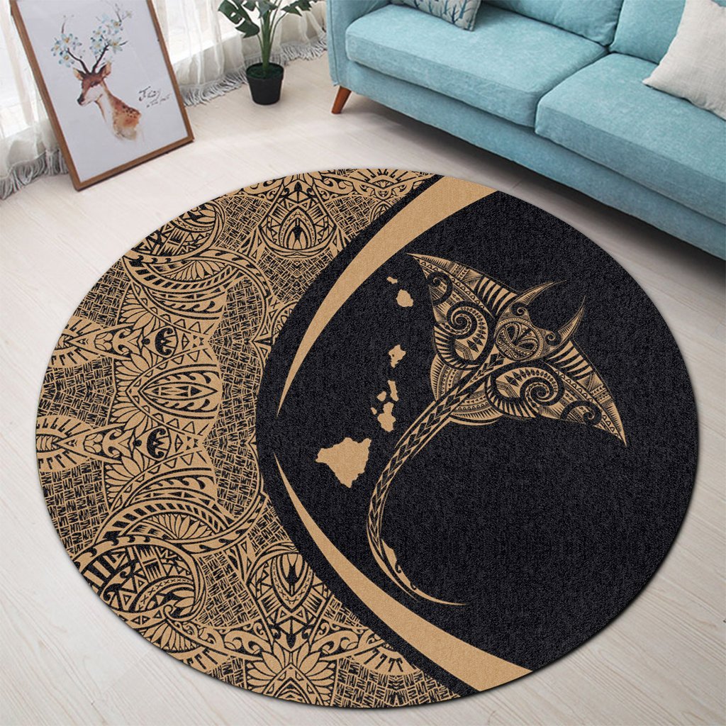 Hawaiian Map Manta Ray Polynesian Round Carpet - Gold - AH - Polynesian Pride