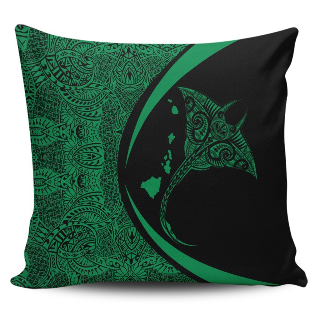 Hawaiian Map Manta Ray Polynesian Pillow Covers - Green - Circle Style - AH Pillow Covers Black - Polynesian Pride